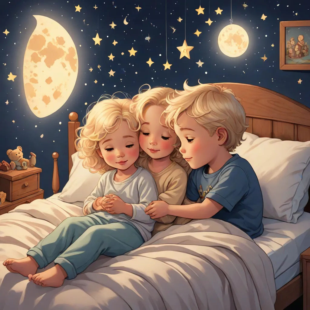 three children are laying in bed under the stars and the moon, and the boy is holding the girl, Caroline Lucy Scott, space art, a storybook illustration, storybook illustration