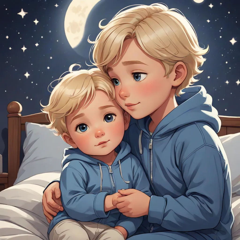 a boy and a boy sitting on a bed with a night sky background and stars in the sky behind them, Brothers Hildebrandt, space art, a storybook illustration, official art
