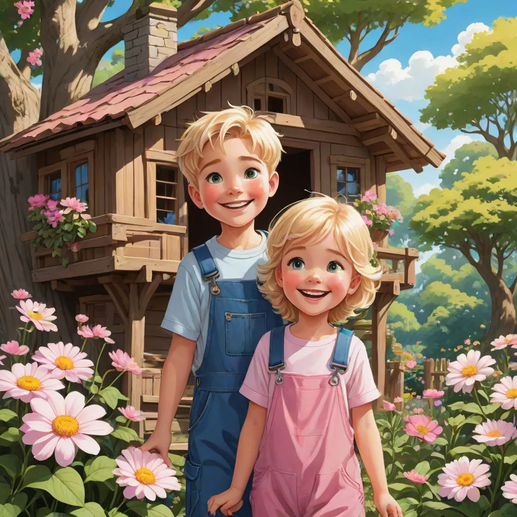 a painting of two children standing in front of a tree house with flowers in the foreground and a birdhouse in the background, Brothers Hildebrandt, american scene painting, a storybook illustration, official art