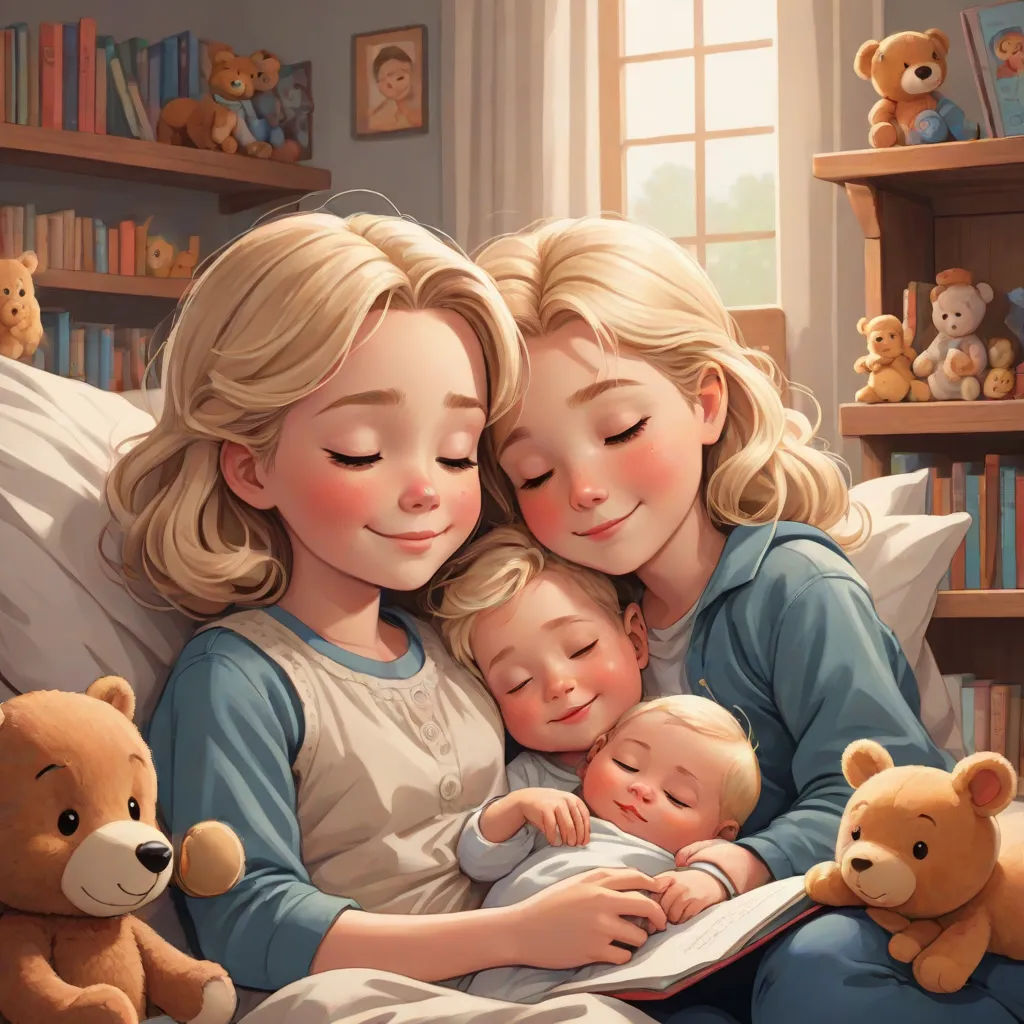 a painting of three women and a baby laying in bed with teddy bears and books on the shelves behind them, Caroline Lucy Scott, remodernism, a storybook illustration, storybook illustration