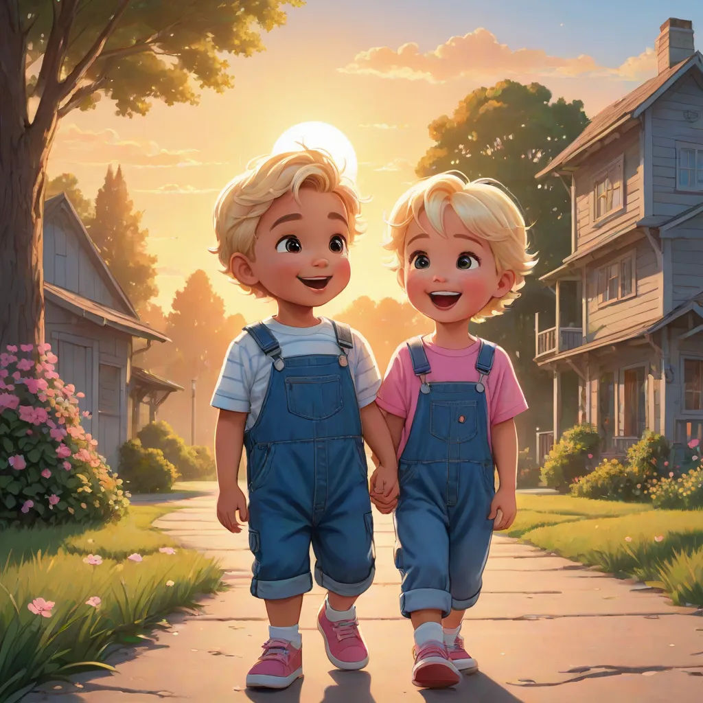 two children walking down a street in front of a house at sunset with the sun shining on them and a tree, Brothers Hildebrandt, american scene painting, a storybook illustration, rossdraws global illumination