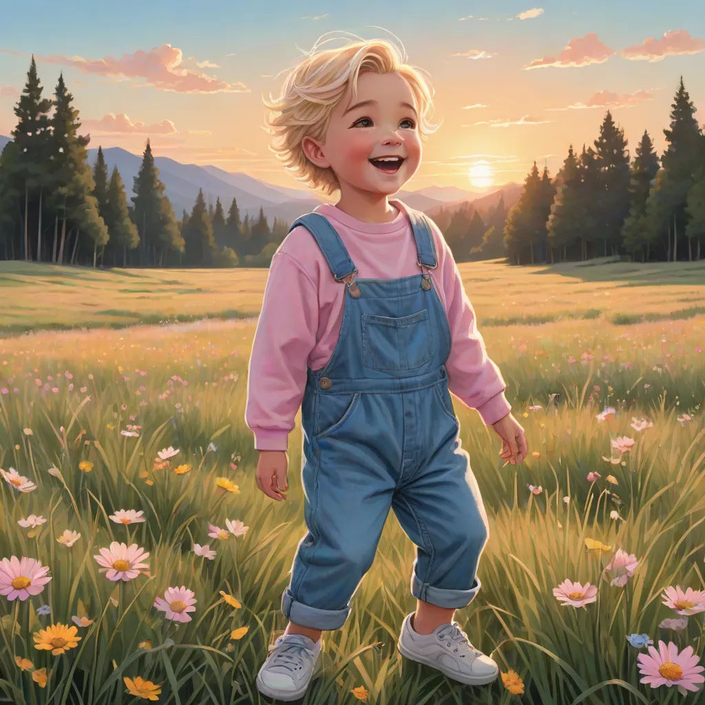 a painting of a little girl standing in a field of flowers with the sun setting behind her and a mountain in the distance, Bob Byerley, american scene painting, a storybook illustration, official art