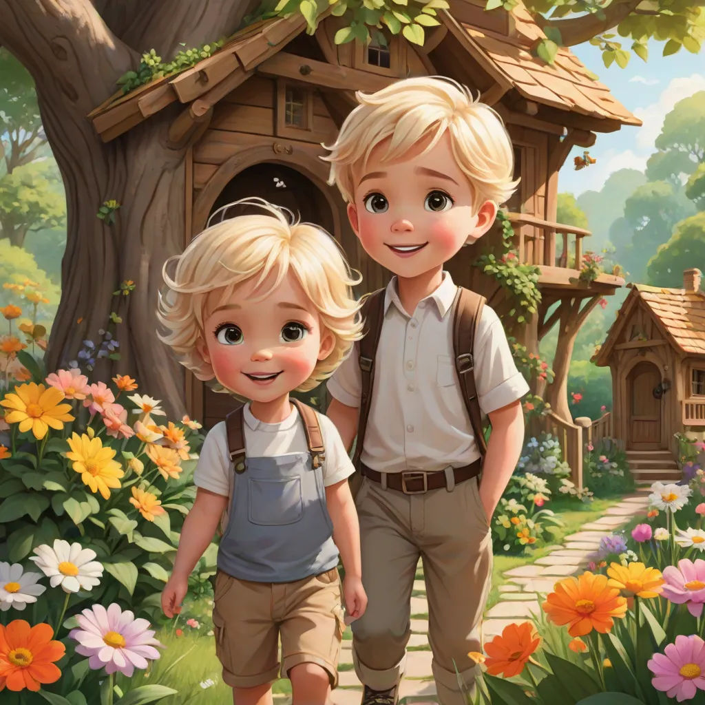 a boy and a girl are standing in front of a tree house and flowers in the garden, with a birdhouse in the background, Brothers Hildebrandt, fantasy art, a storybook illustration, kinkade