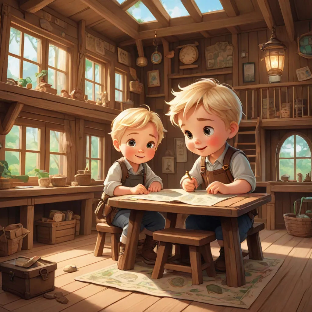 a couple of kids sitting at a table in a room with a book and a clock on the wall, Brothers Hildebrandt, sots art, a storybook illustration, rossdraws global illumination
