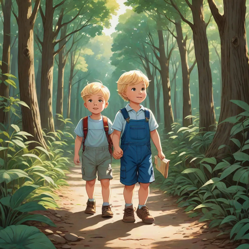 a painting of two children walking down a path in the woods together holding hands and looking at the camera, Brothers Hildebrandt, fantasy art, a storybook illustration, official art