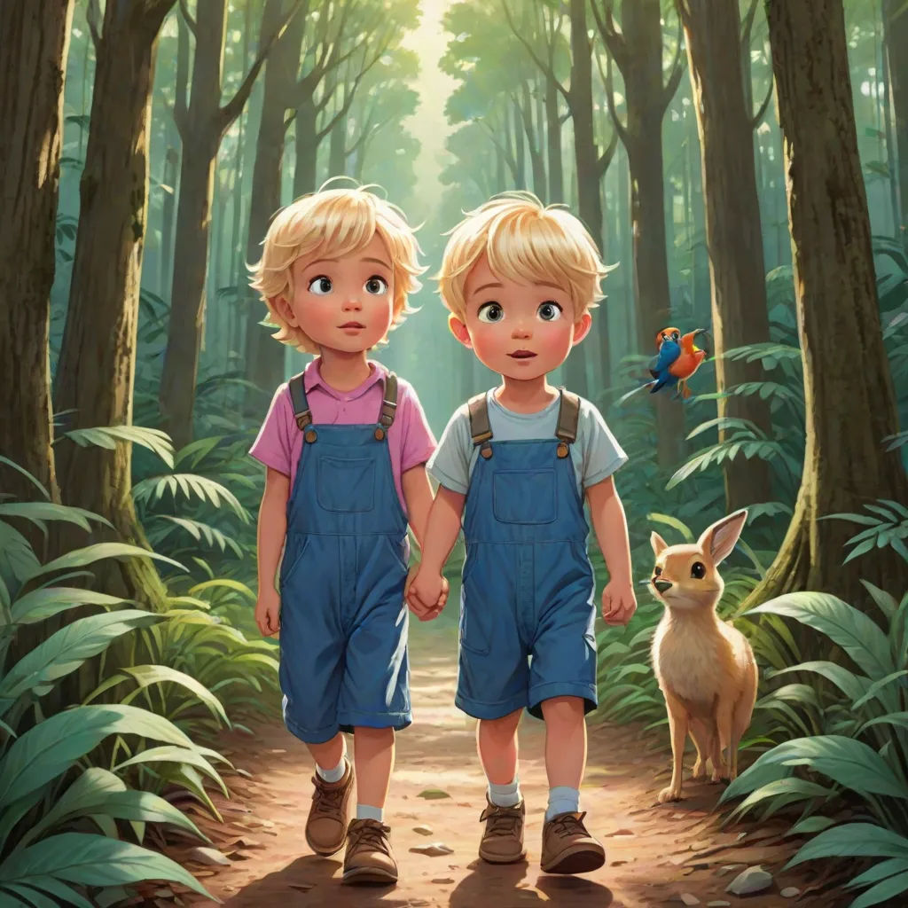 two children standing in the middle of a forest with a deer and a bird flying overhead in the background, Brothers Hildebrandt, photorealism, a storybook illustration, official art