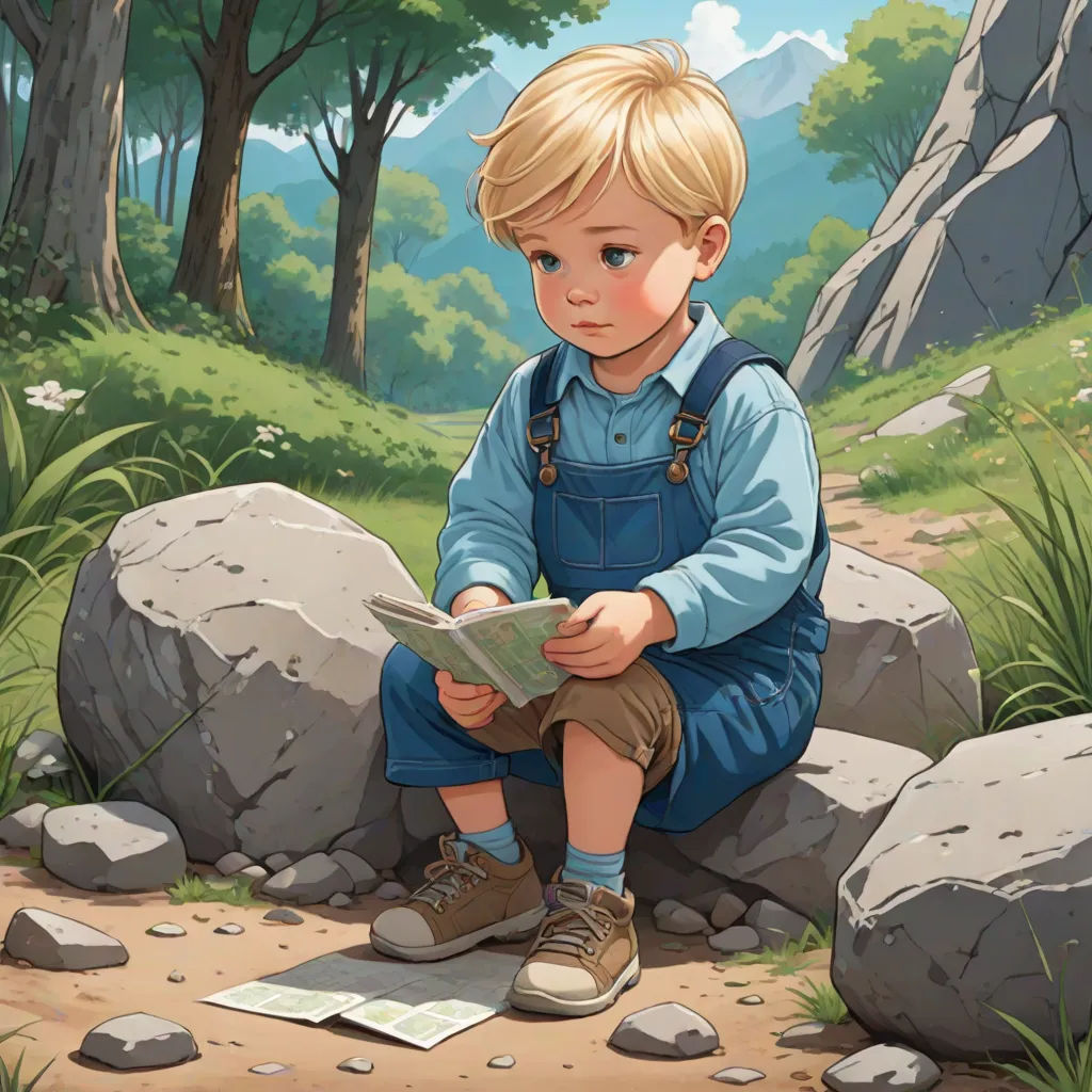 a boy sitting on a rock reading a book in the woods with a mountain in the background, digital painting, Cliff Childs, art & language, a storybook illustration, storybook illustration