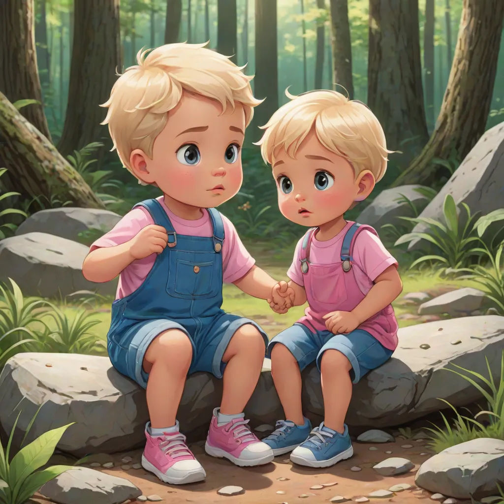 a couple of kids sitting on top of a rock in the woods together, holding hands and looking at each other, Brothers Hildebrandt, fantasy art, a storybook illustration, stanley artgerm lau