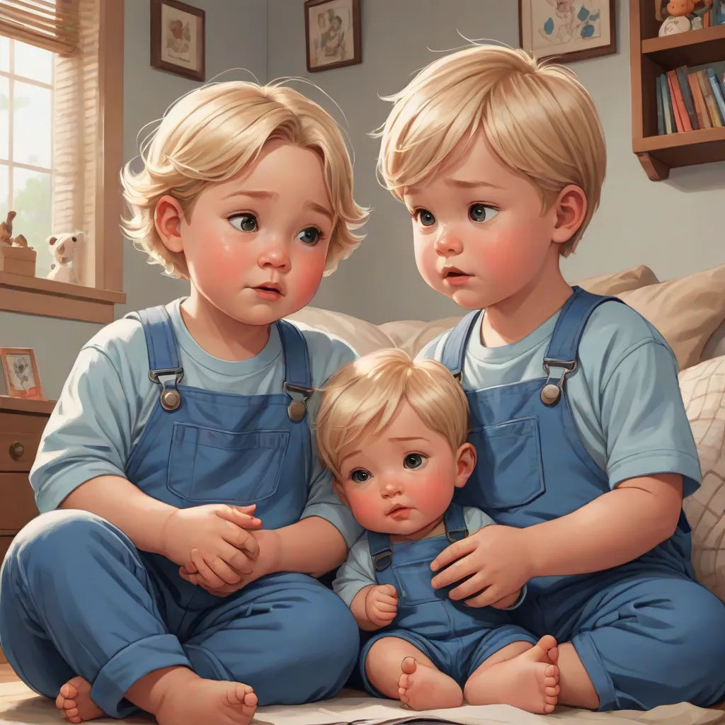 two children sitting on a bed with a laptop computer in front of them and a painting of them holding a baby, Brothers Hildebrandt, photorealism, a storybook illustration, stanley artgerm lau