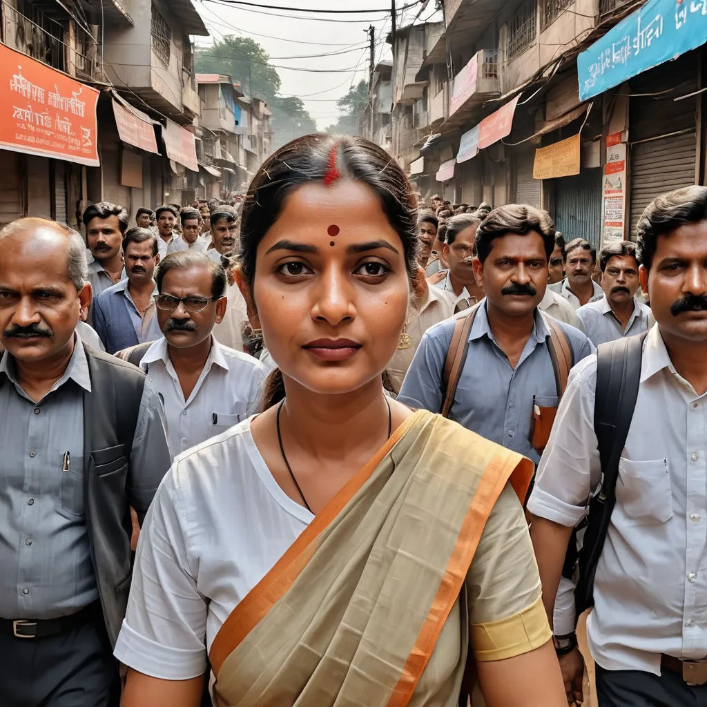a woman in a sari standing in front of a crowd of people in india, with a man in the background, samikshavad, a character portrait, Ella Guru, movie still frame