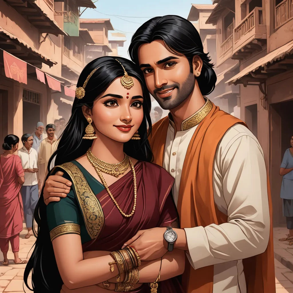 a man and woman in indian clothing standing in a street with people in the background and a crowd of people in the background, samikshavad, a storybook illustration, Altoon Sultan, official art