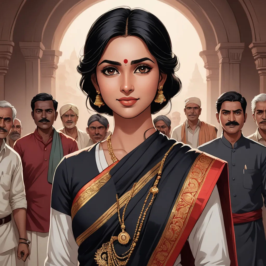 a woman in a sari with a group of men behind her in a temple setting with a doorway, bengal school of art, a detailed painting, Charlie Bowater, maya