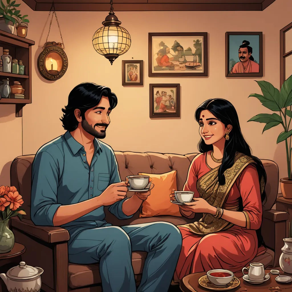 a man and woman sitting on a couch drinking coffee together, with a pot of tea in front of them, samikshavad, a storybook illustration, Ella Guru, official art