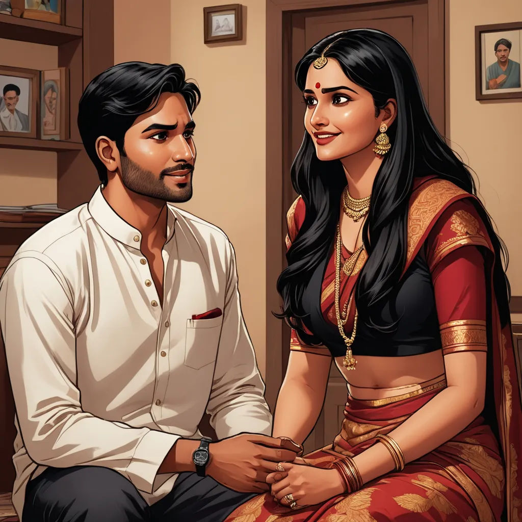 a man and a woman sitting next to each other in a room with pictures on the wall behind them, samikshavad, a comic book panel, Ella Guru, graphic novel