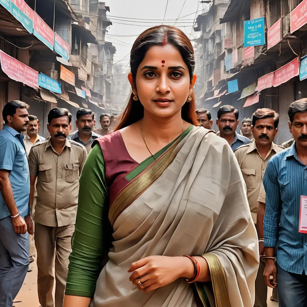 a woman in a sari standing in front of a crowd of people in india, with a man in the background, samikshavad, a poster, Ella Guru, movie still