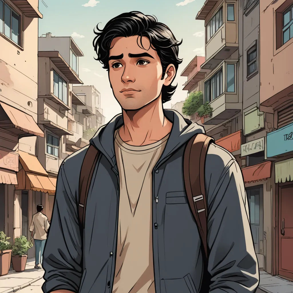 a man standing in front of a building with a backpack on his back and a backpack on his shoulder, serial art, a character portrait, Amir Zand, official art