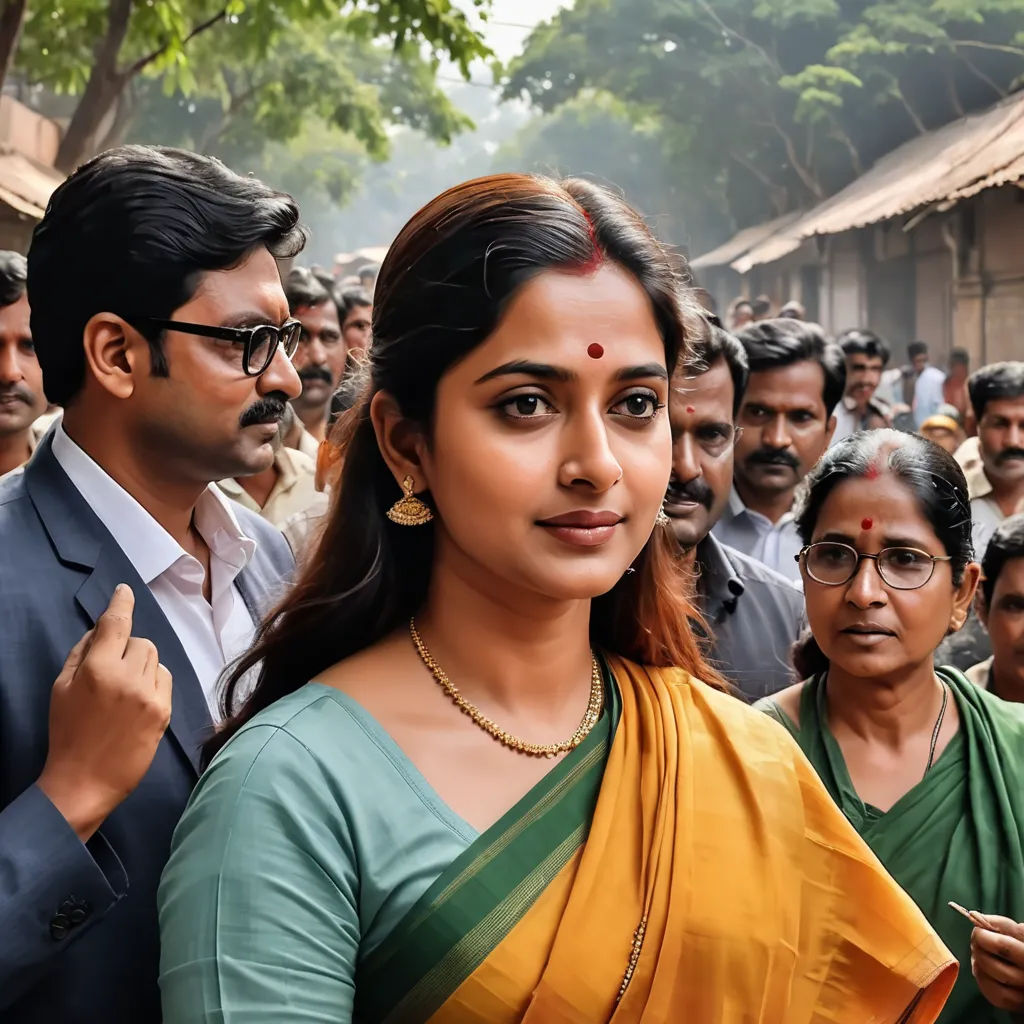 a woman in a sari standing in front of a crowd of people in a village in india,, samikshavad, a poster, Ella Guru, movie still