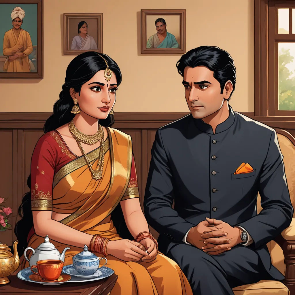 a man and woman sitting next to each other in a room with paintings on the wall behind them and a tray of food on the table, bengal school of art, a storybook illustration, Anthony Devas, promotional image