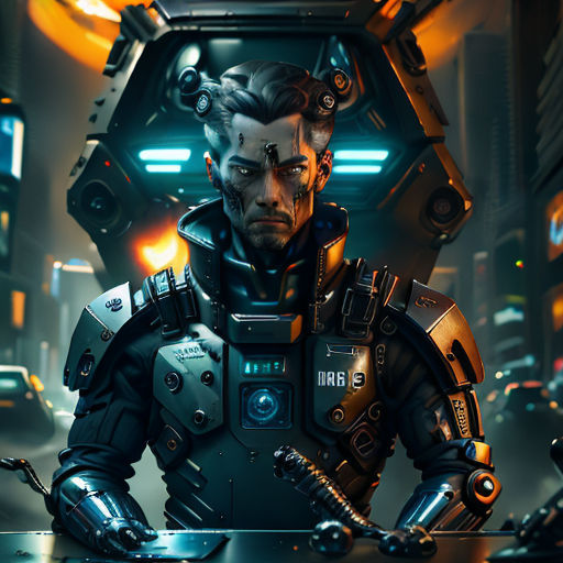 a man in a futuristic suit standing in front of a table with a robot on it's head