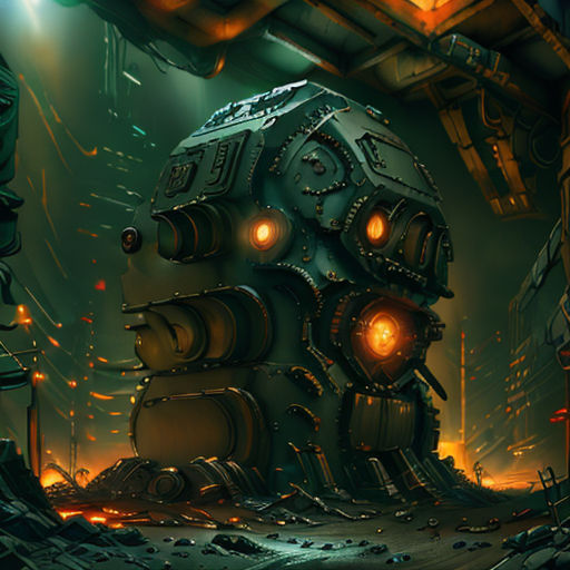 a robot with glowing eyes standing in a dark room with a giant object in the background and a glowing light on its face