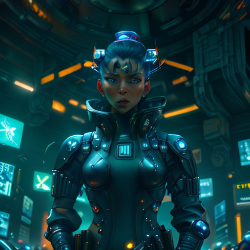 a woman in a futuristic suit standing in a futuristic city with neon lights and a sci - fi filament