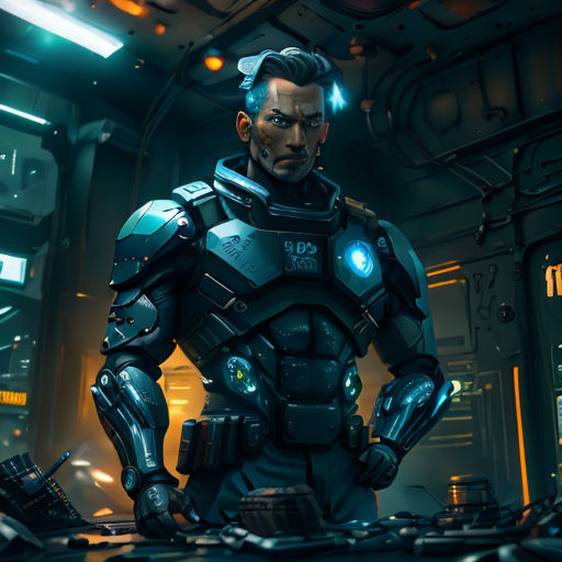 a man in a sci - fi fi suit standing in a room with a computer keyboard and monitor screen