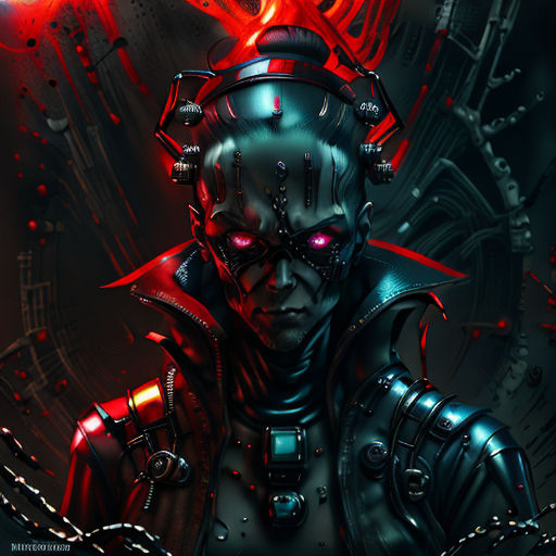 a man with a red light on his face and a red light on his head, in a futuristic suit