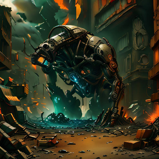 a futuristic looking machine in a city with a huge hole in the ground and a giant clock on the wall