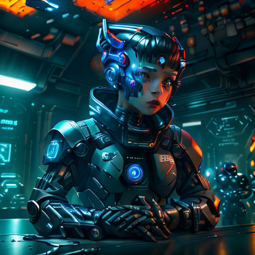 a woman in a sci - fi fi fi suit sitting on a table in a futuristic space station with a robot in the background