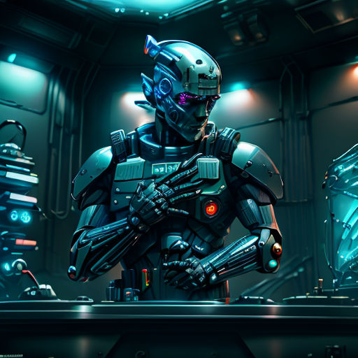 a sci - fi character in a futuristic space station with a gun in his hand and a helmet on
