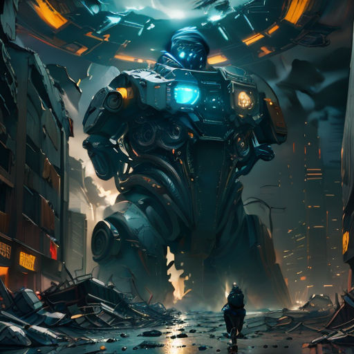a robot standing in a city with a man walking by it's side in front of a giant robot