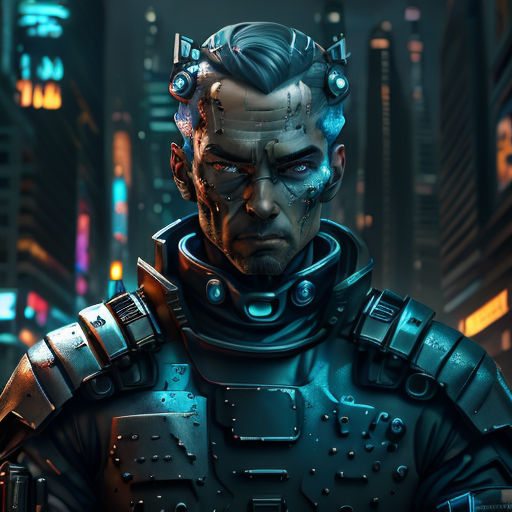 a man in a futuristic suit standing in a city at night with a futuristic helmet on his head and a futuristic city in the background