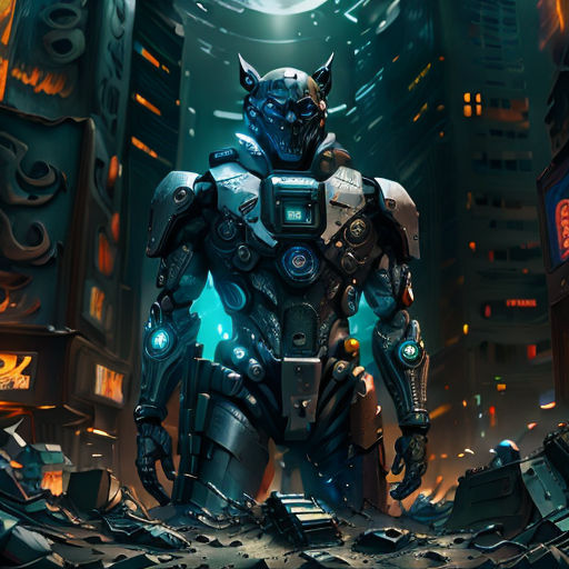 a robot standing in a futuristic city at night with a full moon in the background and a cityscape in the foreground