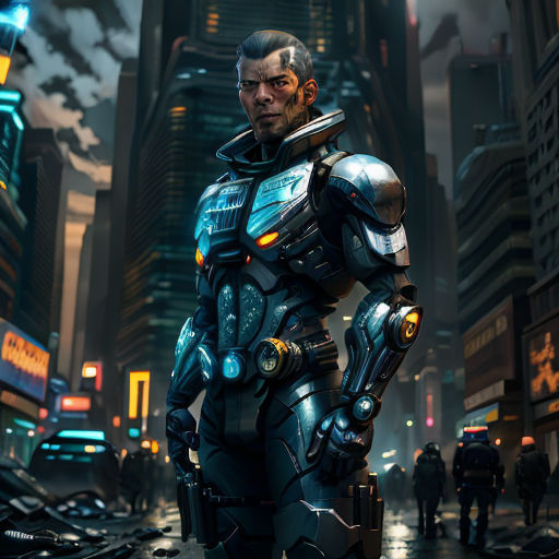 a man in a futuristic suit standing in a city at night with a futuristic city in the background and a neon light
