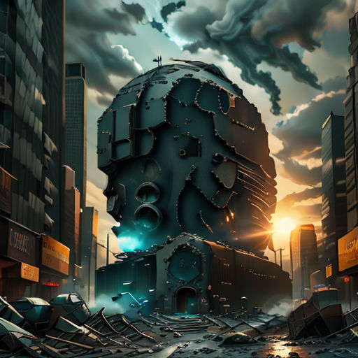 a futuristic city with a giant building in the middle of it and a train coming out of the middle