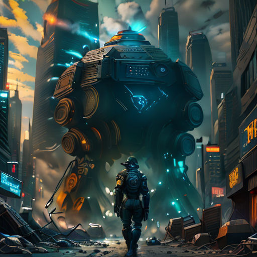 a man walking down a street next to a giant robot in a city at night time with a huge robot in the background