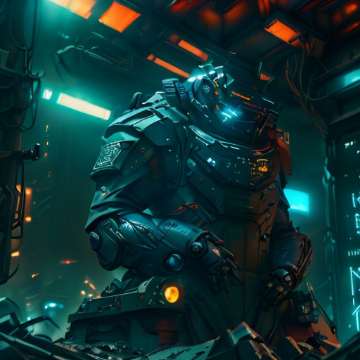 a sci - fi character in a futuristic city at night with neon lights and a large robot like creature