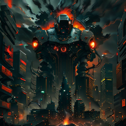 a futuristic city with a giant robot standing in the middle of it's cityscape with a red light on its head