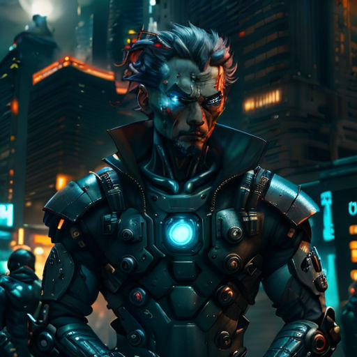 a man in a futuristic suit standing in front of a city at night with a glowing eye on his face