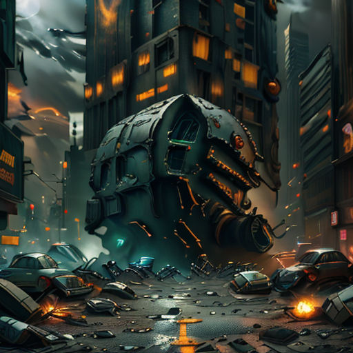 a futuristic city with a giant machine in the middle of the street and a lot of cars on the street