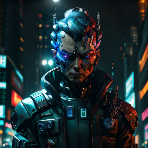 a man in a futuristic suit standing in a city at night with neon lights on his face and head