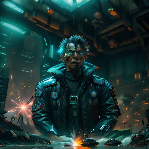 a man in a futuristic suit standing in a room with a machine in it's hands and a glowing light shining on his face