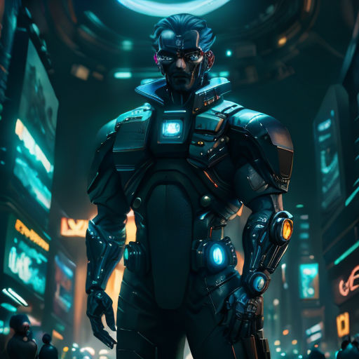 a man in a futuristic city with a futuristic suit on and a neon light in his eyes is standing in the middle of the city