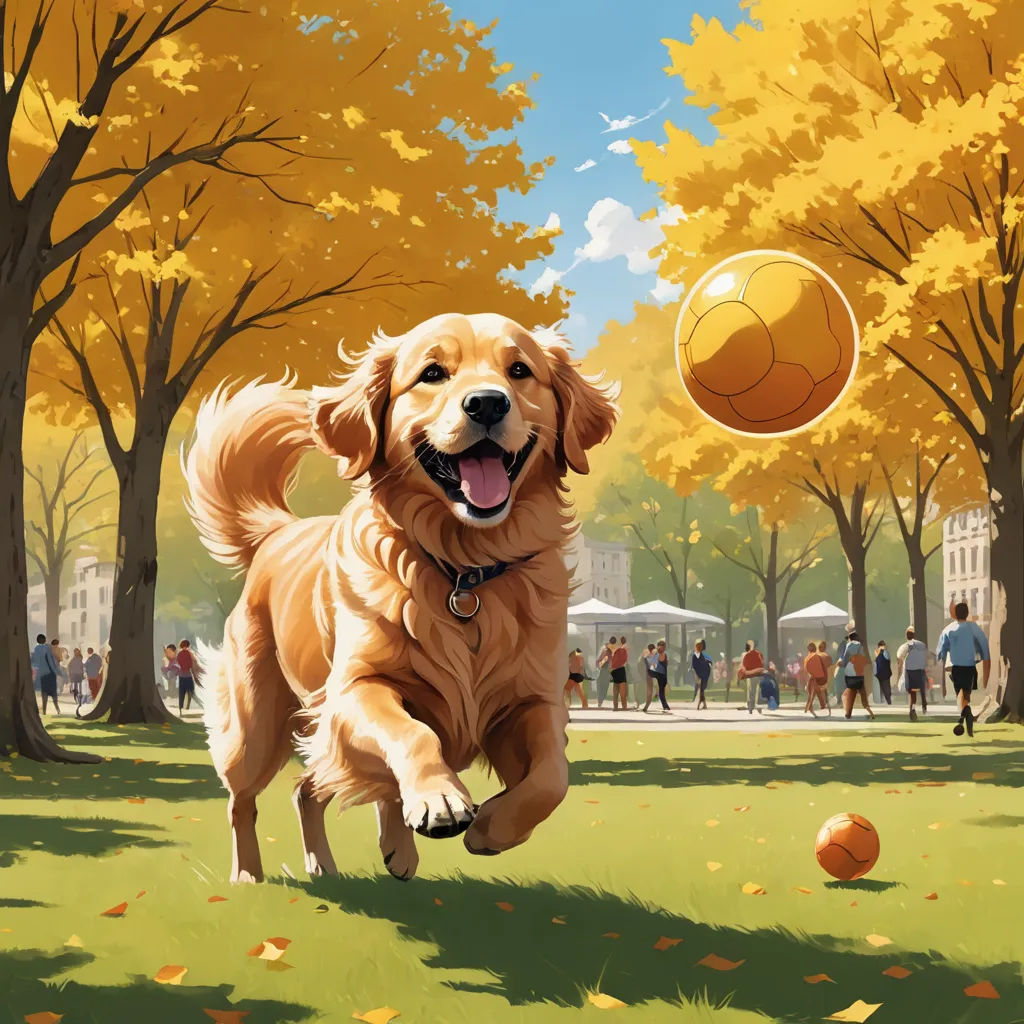 a dog running through a park with a ball in its mouth and people walking around the park in the background, american scene painting, a detailed painting, Chris LaBrooy, highly detailed digital painting