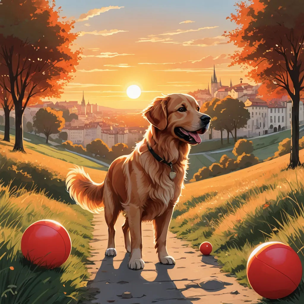 a dog standing on a path with balls in the grass and a sunset in the background with buildings and trees, american scene painting, a storybook illustration, Chris LaBrooy, rossdraws global illumination