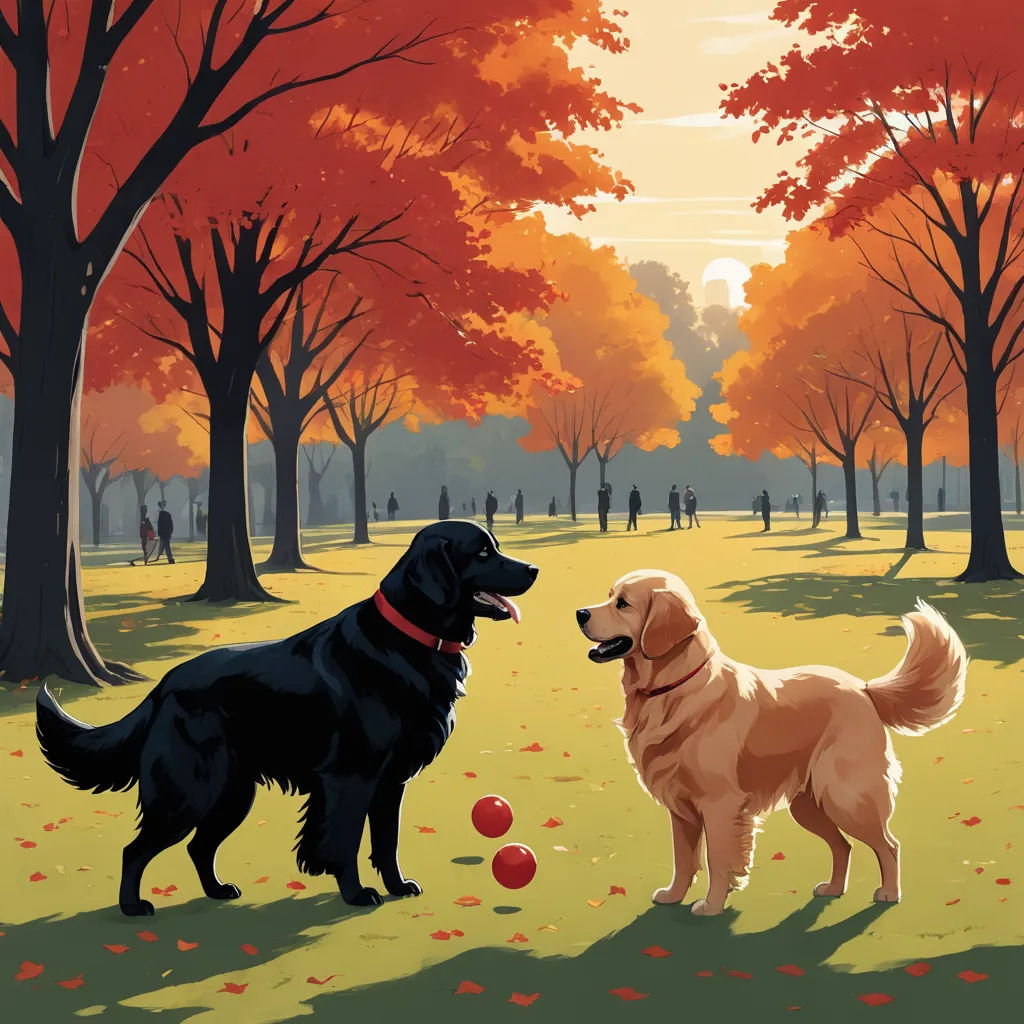 two dogs are playing with balls in a park with trees and people in the background in autumn time,, american scene painting, a storybook illustration, Chris LaBrooy, detailed illustration