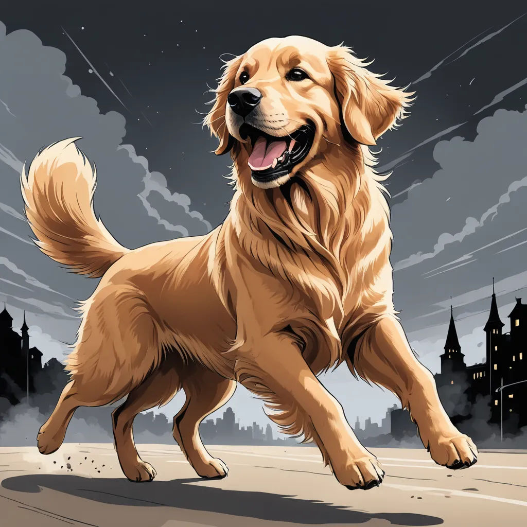 a dog is running in the street with a city in the background and a dark sky with clouds and lightning, serial art, a comic book panel, Dan Mumford, comic cover art