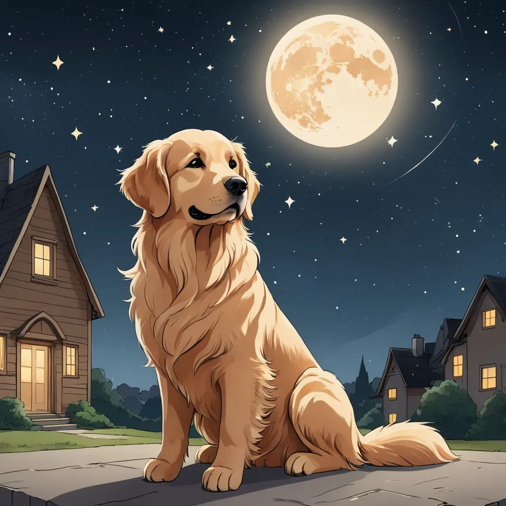 a dog sitting on a ledge in front of a full moon and a house with a full moon in the background, furry art, a storybook illustration, Charles Schulz, storybook illustration