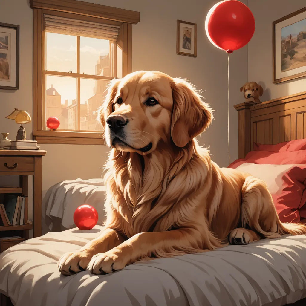 a dog sitting on a bed with a red balloon in the air above it and a red ball in the air, furry art, a storybook illustration, Chris LaBrooy, highly detailed digital painting
