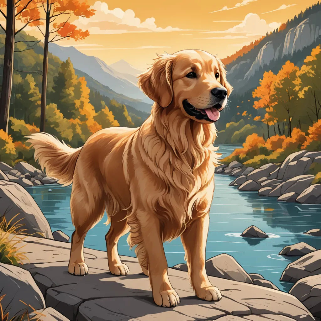 a golden retriever standing on a rock by a river in a forest with a mountain range in the background, furry art, a storybook illustration, Dan Mumford, highly detailed digital painting